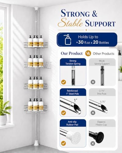 SEIRIONE Corner Shower Caddy Tension Pole, Quick Setup, Rust-Free Bathroom - Image 4
