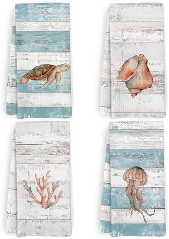 Beach Coastal Kitchen Towels and Dishcloths Set of 4, Lake House Beachy by HFXHANGD