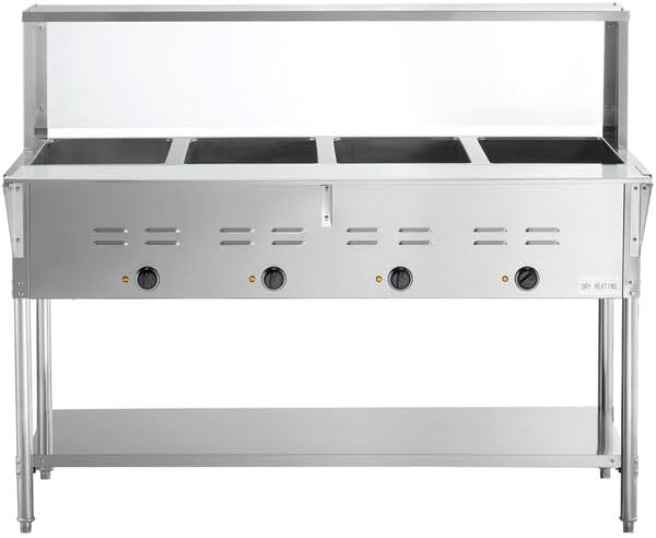 Four Pan Electric Steam Table with Undershelf, Overshelf, Sneeze Guard, Stainless Steel, 208/240V, 3000W, 57x30x34 Inches
