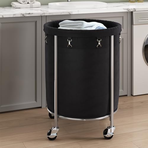 ELYKEN Laundry Basket with Wheels, Round Rolling Laundry Hamper - Image 2