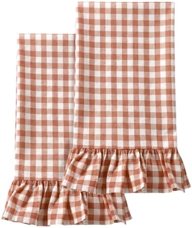 HunnmingRe 2 Pcs Orange Gingham Kitchen Towels Cotton Ruffled by HunnmingRe