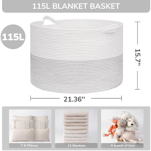 INDRESSME 115L Extra Large Woven Rope Blanket Basket Living Room - Image 2