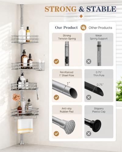 SEIRIONE Corner Shower Caddy Tension Pole, Quick Setup, Rust-Free Bathroom - Image 6