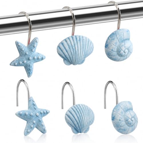 12PCS Starfish Seashell Shower Curtain Hooks, Beach Ocean Coastal Blue Shower by ZCHOMI