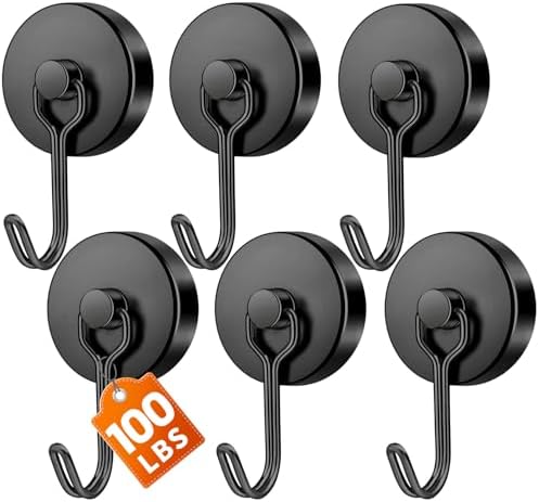 FINDMAG 6 Pack Black Magnetic Hook, 100LB+ Magnetic Hooks by FINDMAG
