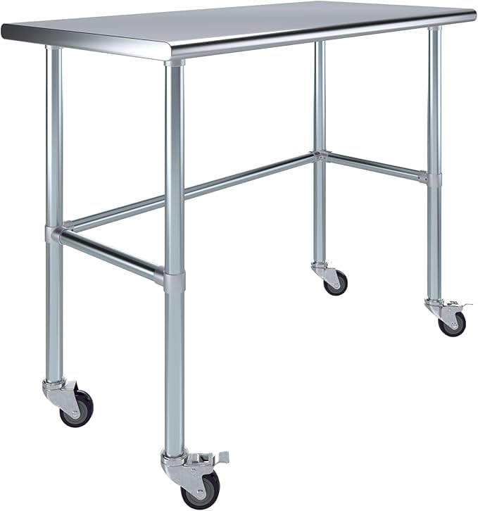 Mobile Metal Utility Prep Table | Heavy-Duty Commercial Work Station | NSF Certified (Stainless Steel Work Table Open Base + Casters) (48" Long x 24" Deep)