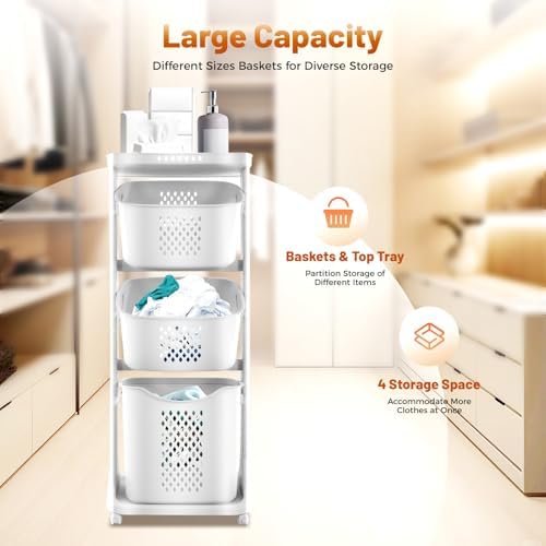 3 Tier Rolling Laundry Hamper Storage Sorter, Vertical Rolling Laundry Baskets - Image 3