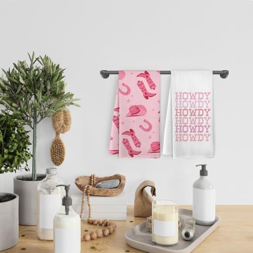 Western Howdy Pink Kitchen Towels and Dishcloths Set of 2, Preppy Bathroom Decor - Image 6