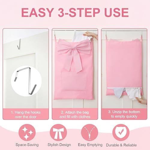 Pink over the Door Hamper Bow Hanging Laundry Bag 18.5"x 27.6" - Image 6