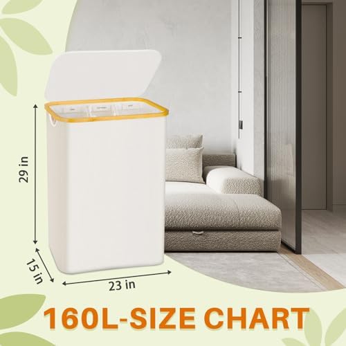 160L Laundry Hamper with Lid, 3 Section Laundry Basket with 3 Removable Bag - Image 6