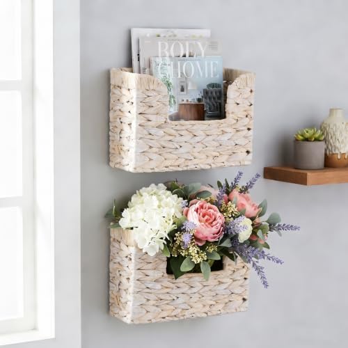 PINXIURY Magazine Holder Wall Basket Water Hyacinth Woven Mail Organizer - Image 3