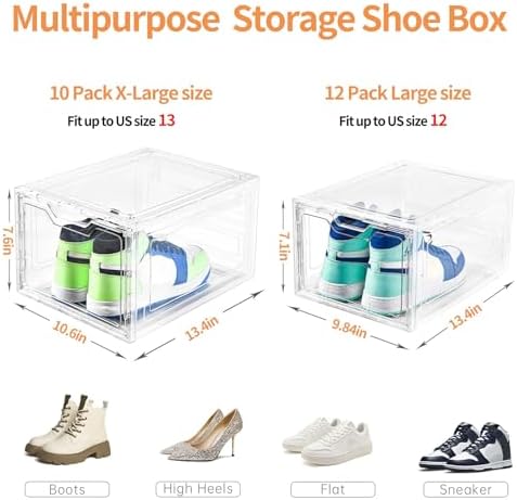 10 Pack Large Shoe Boxes Clear Plastic Stackable, Shoe Storage Organizer - Image 3