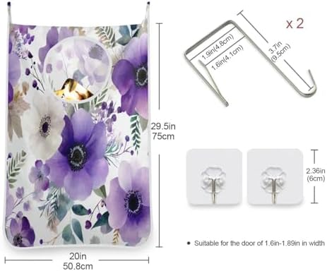 Purple and White Silver Lotus Flowers and Berries Hanging Laundry Hamper Door - Image 3