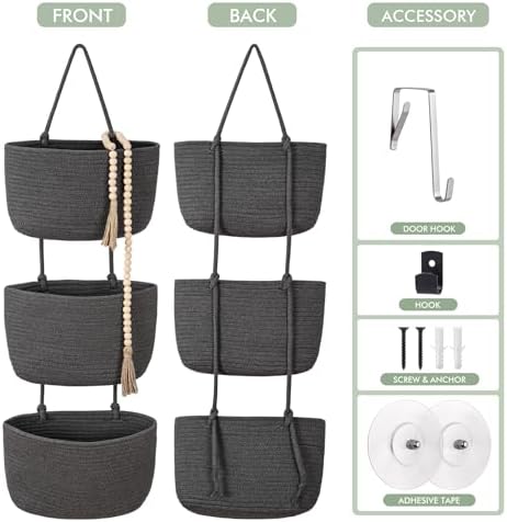 Wall Hanging Rope Baskets 3-Tier Boho Organizers - Image 2