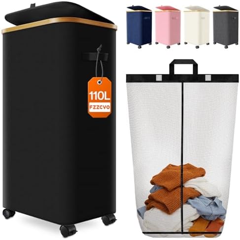 Laundry Basket with Wheels, 110L Large Rolling Laundry Hamper by Fzzcvo