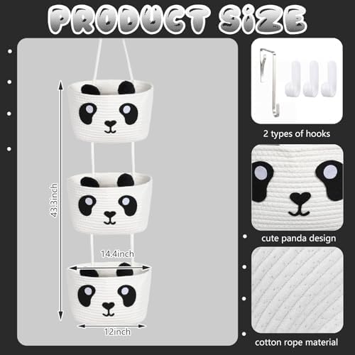 Panda Nursery Decor 3-Tier Panda Basket Hanging Cotton Rope Woven Organizer - Image 2
