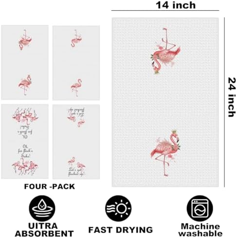 4 Pcs Funny Flamingo Kitchen Towels, Hot Pink Bird Reusable Dish Towels - Image 2