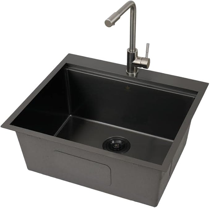 STARSTAR Workstation Ledge Topmount/Drop-in Single Bowl Satin Matte Stainless Steel Kitchen/Yard/Bar/Laundry/Office Sink, With Grid, Colander, Cutting Board, Strainer (22x22x12 Black)