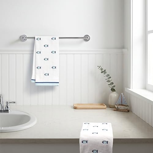 Ritz 2-Piece Cotton Velour Bathroom Hand Towel Set, Embroidered Allover Fish - Image 7