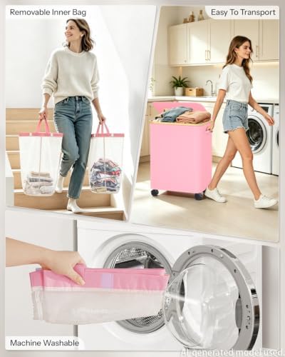 Double Laundry Basket with Wheels and Lid, 150L Clothes Hampers - Image 4