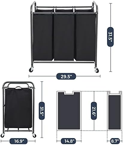 STO STO Laundry Sorter 3 Section, 3 Bag Clothes Hamper, Rolling Laundry Cart - Image 6