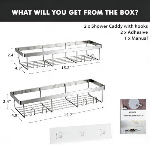 Moforoco Large Silver Shower Caddy Shelf Organizer Rack, Self Adhesive Bathroom - Image 2