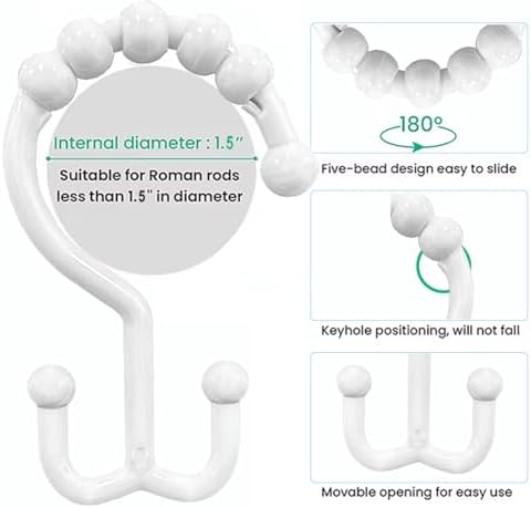 Resze 12 PCS White Double Shower Curtain Hooks, Plastic Shower Curtain Ring - Image 3