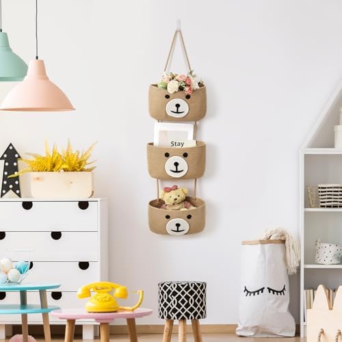 Cute Bear Hanging Baskets, 3-Tier Woven Cotton Wall Mounted Storage Organizer - Image 5
