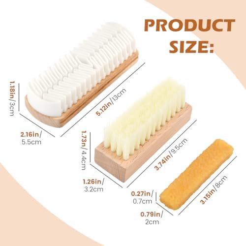 3Pcs Suede Shoe Brush and Eraser Set, Wood Handle Soft Brus-h and Stain Eraser - Image 2