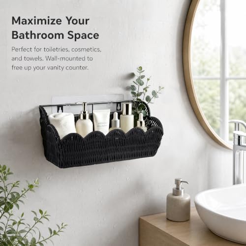 2 Pack Adhesive Plastic Wicker Hanging Storage Basket Scalloped Edge - Image 6