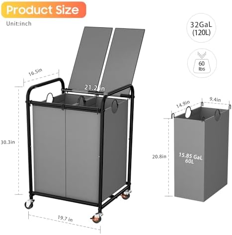 120L Laundry Sorter 2 Section, Rolling Laundry Basket - Image 2