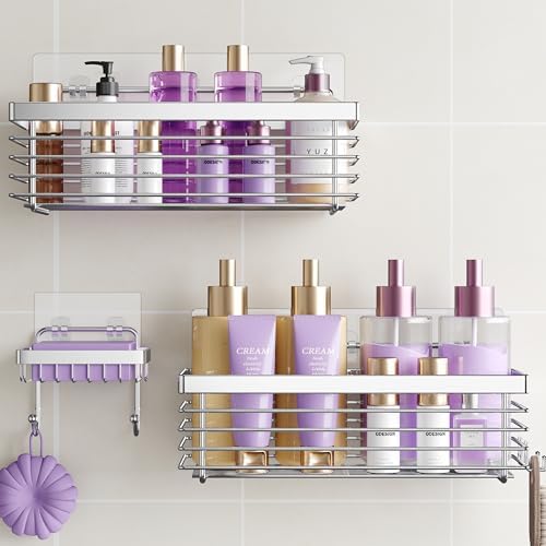 Shower Caddy Adhesive 3 Pack Stainless Steel Storage Organizers-Silver by ODesign