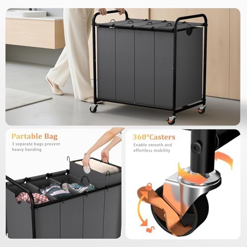Laundry Sorter 4 Sections 48 Gal, Rolling Laundry Basket - Image 5