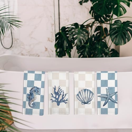 Preppy Coastal Kitchen Towels and Dishcloths Set of 4, Beachy Checkered - Image 5