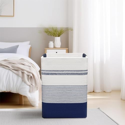 DOFASAYI Laundry Hamper, 85L Cotton Rope Laundry Basket, Dark Blue & White - Image 5