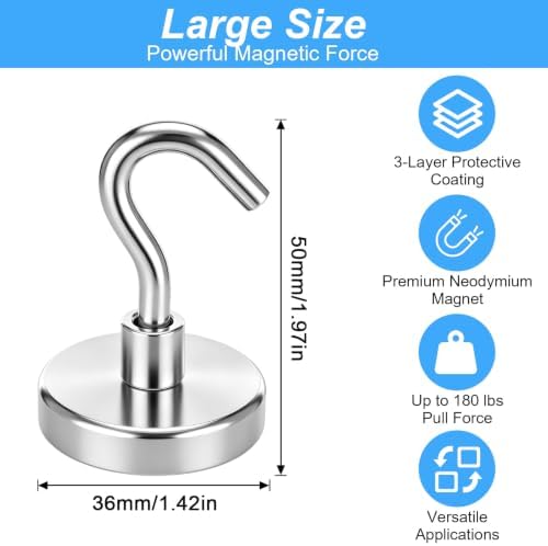 Heavy Duty Magnetic Hook 180lb, 10 Pack Strong Neodymium Hooks - Image 2