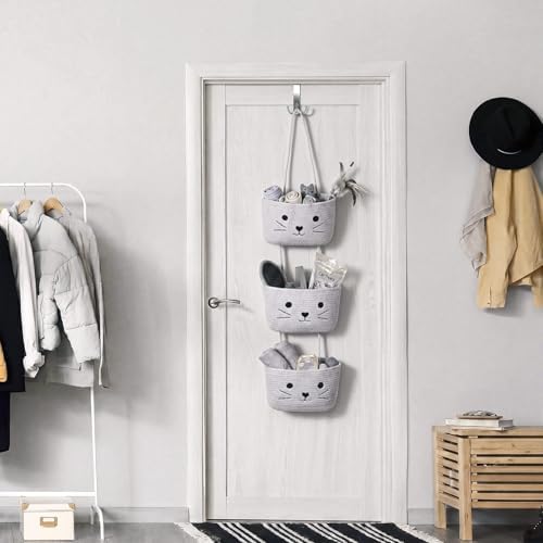 3-Tier Cat Theme Cotton Rope Hanging Basket Organizer, Wall Storage Bin - Image 5
