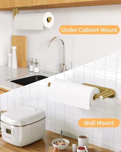 STWWO Under Cabinet Paper Towel Holder, Self Adhesive Paper Towel Rack Gold - Image 5