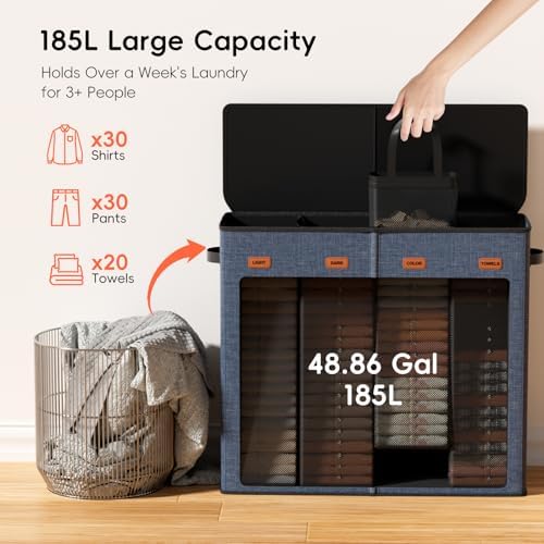 Laundry Hamper 4-Section with Lid, 185L Laundry Sorter with 4 Removable Bags + - Image 3