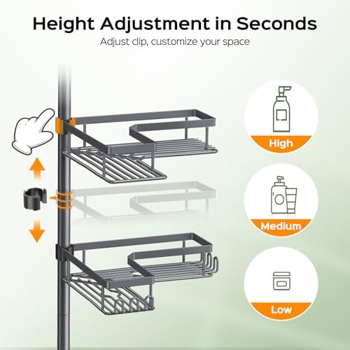 HAMITOR Corner Shower Caddy, 4-Tier Shampoo Shelf Tension Pole, 47-123 inch - Image 4