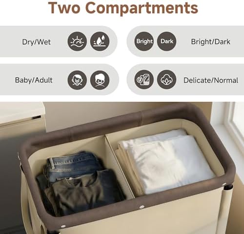 StorageWorks 2 Section Laundry Hamper, 100L Tan Sorter Cart - Image 4