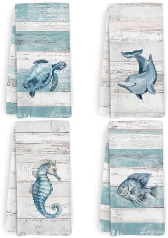 Coastal Nautical Kitchen Towels and Dishcloths Set of 4, Farmhouse Ocean Beach by HFXHANGD