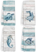 Coastal Nautical Kitchen Towels and Dishcloths Set of 4, Farmhouse Ocean Beach by HFXHANGD