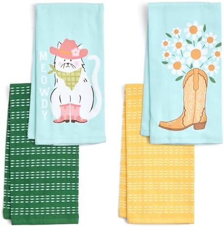 Ritz 4-Piece Kitchen Towel Set, Meowdy Cat & Daisy Boot Prints by RITZ