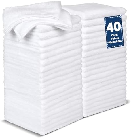 40 Pack White Coral Velvet Washcloths Bulk, Highly Absorbent and Soft by TEAWOO
