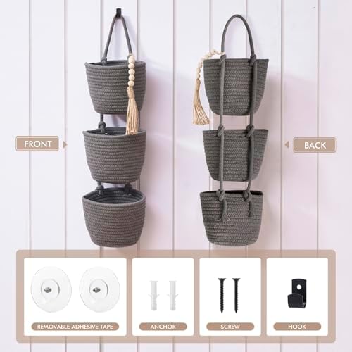 LIGHT DUST Wall Hanging Rope Baskets 3-Tier Boho Organizers - Image 4
