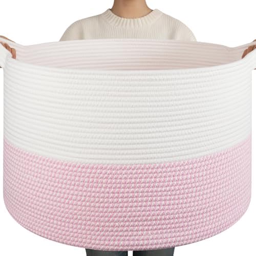 OIAHOMY 90L XXXLarge Blanket Basket Living Room Laundry Basket White&Pink by MasterofSpaceOptimization