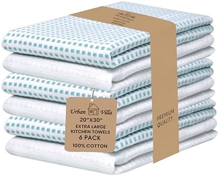 Urban Villa Kitchen Towels Cotton Dish Towels 20”x30” Aqua White by CottonTrends