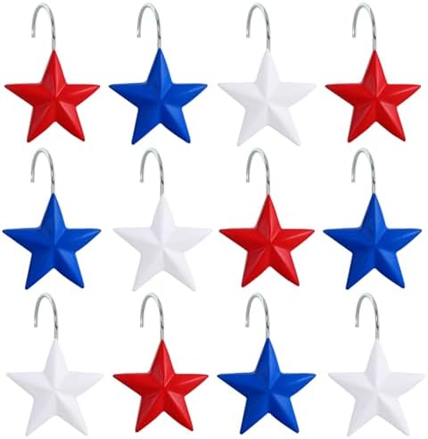12-Piece 4th of July Red White Blue Stars Shower Curtain Hooks, Fourth of July by CTOHN