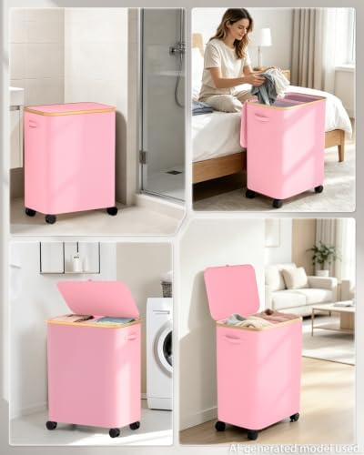 Double Laundry Basket with Wheels and Lid, 150L Clothes Hampers - Image 6